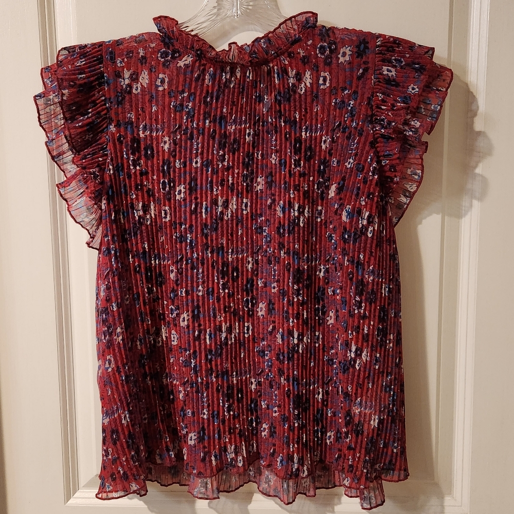 Anthropologie short sleeves pleated blouse XS, red and blue  flowers